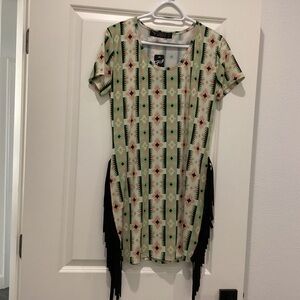 Lucky & Blessed Mint Green Aztec Midi Dress with Black Fringe - Size M - NWT